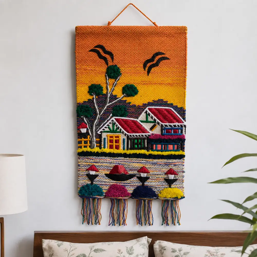 Sunset orange woven cottage wall hanging with tassel pompoms displayed above a bed