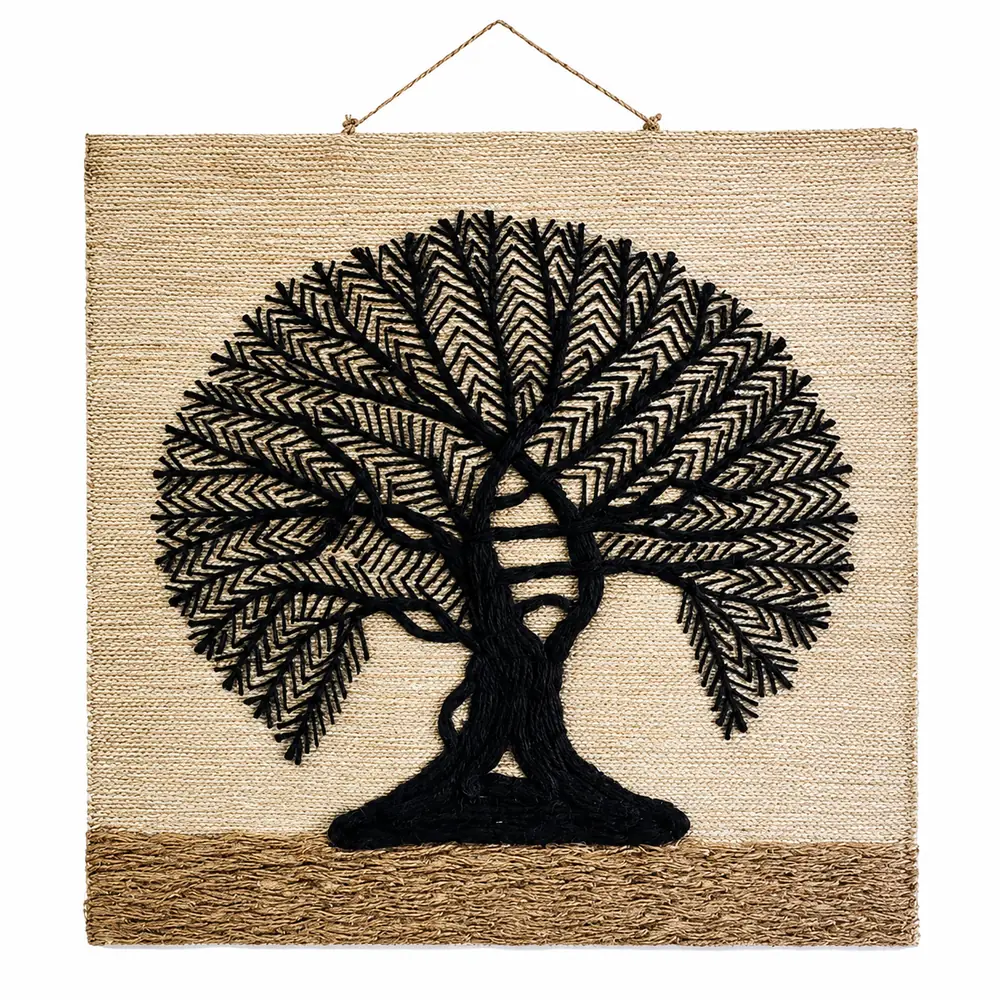 Handmade Tree of Life wall hanging in black jute cord on a hand-woven natural jute panel