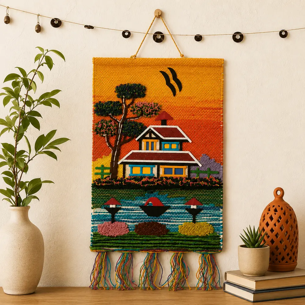 Handwoven jute wall hanging with an embroidered house, tree and boats in orange and yellow, shown on a wall above a shelf with plants and vases