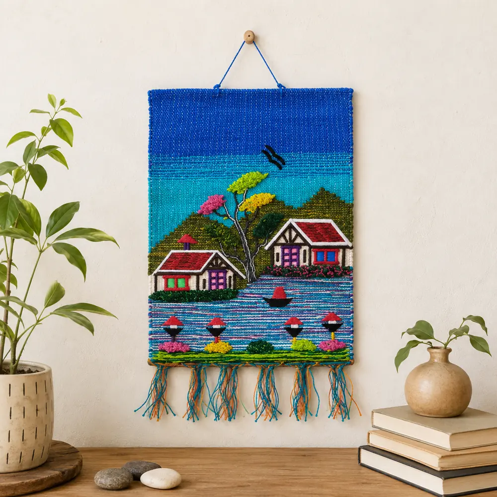 Blue woven lakeside wall hanging with two cottages, green hills, a tree and a boat, displayed on a wall beside plants and books