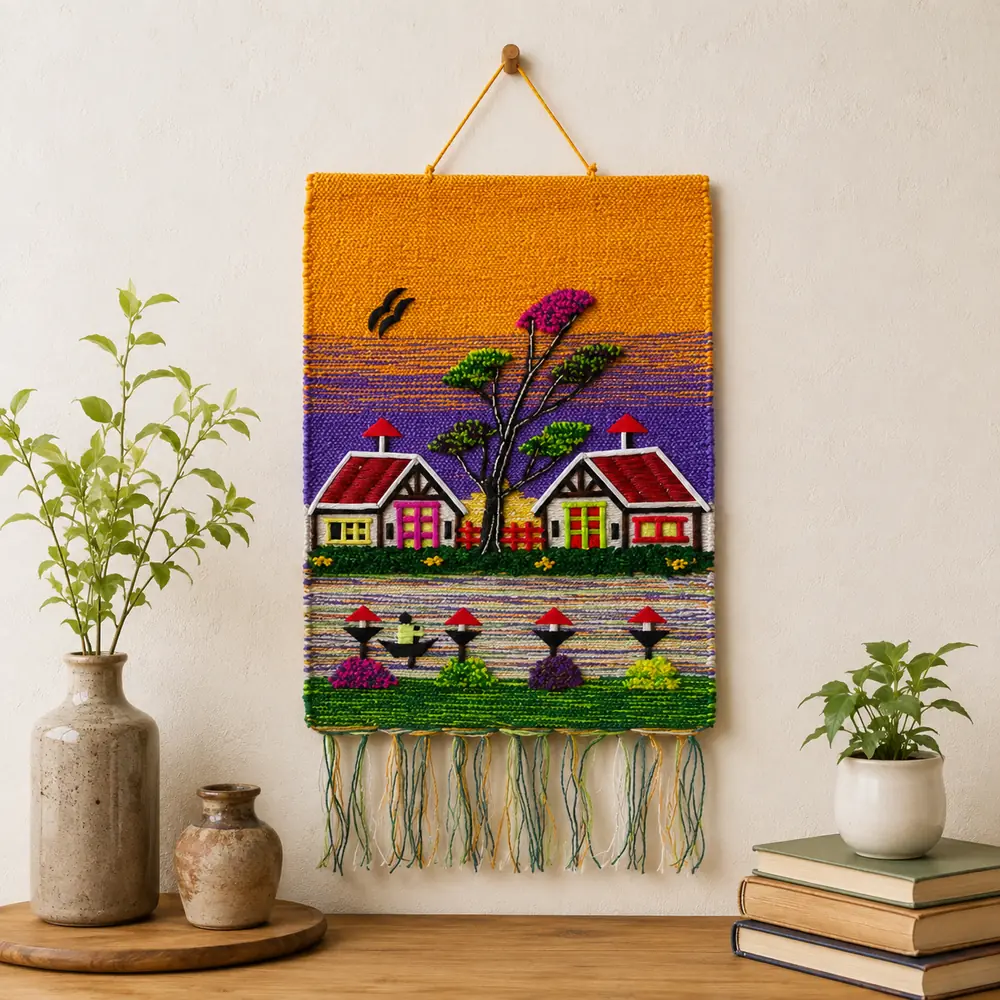 Orange and purple woven village wall hanging with two cottages, a tree and a boat, hung on a wall above a shelf with vases and books