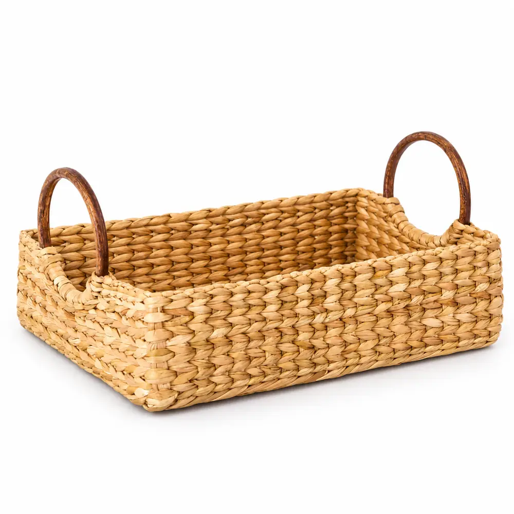 Water reed table organiser: handwoven kauna grass tray basket with two round cane handles
