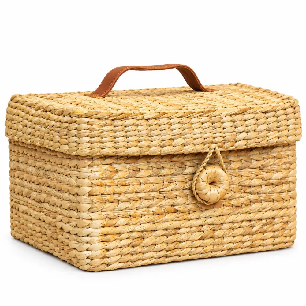 Open kauna grass woven storage box with hinged lid, used to store toiletries and medicines