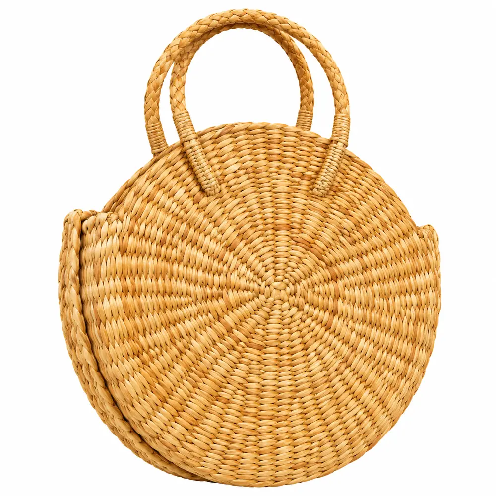 Handmade round kauna grass handbag, a natural water reed woven basket bag with two braided handles